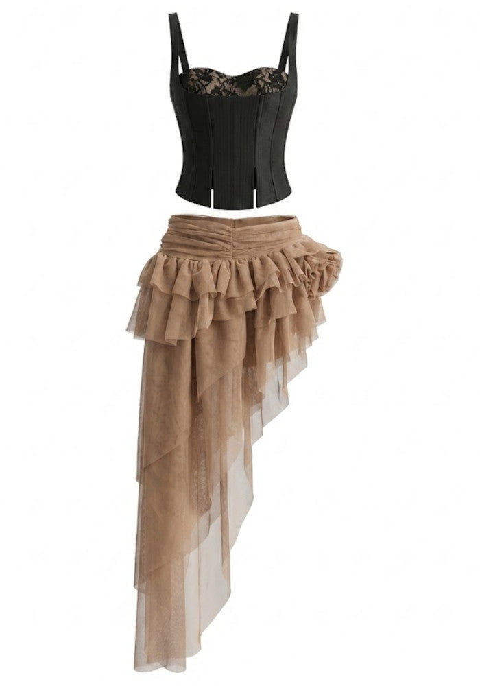 Mesh Ruffle Corset Two Piece Dress Black Brown