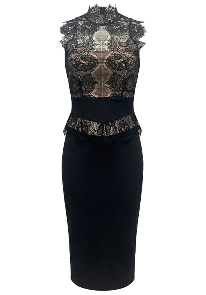 Lace Insert Midi Dress Black