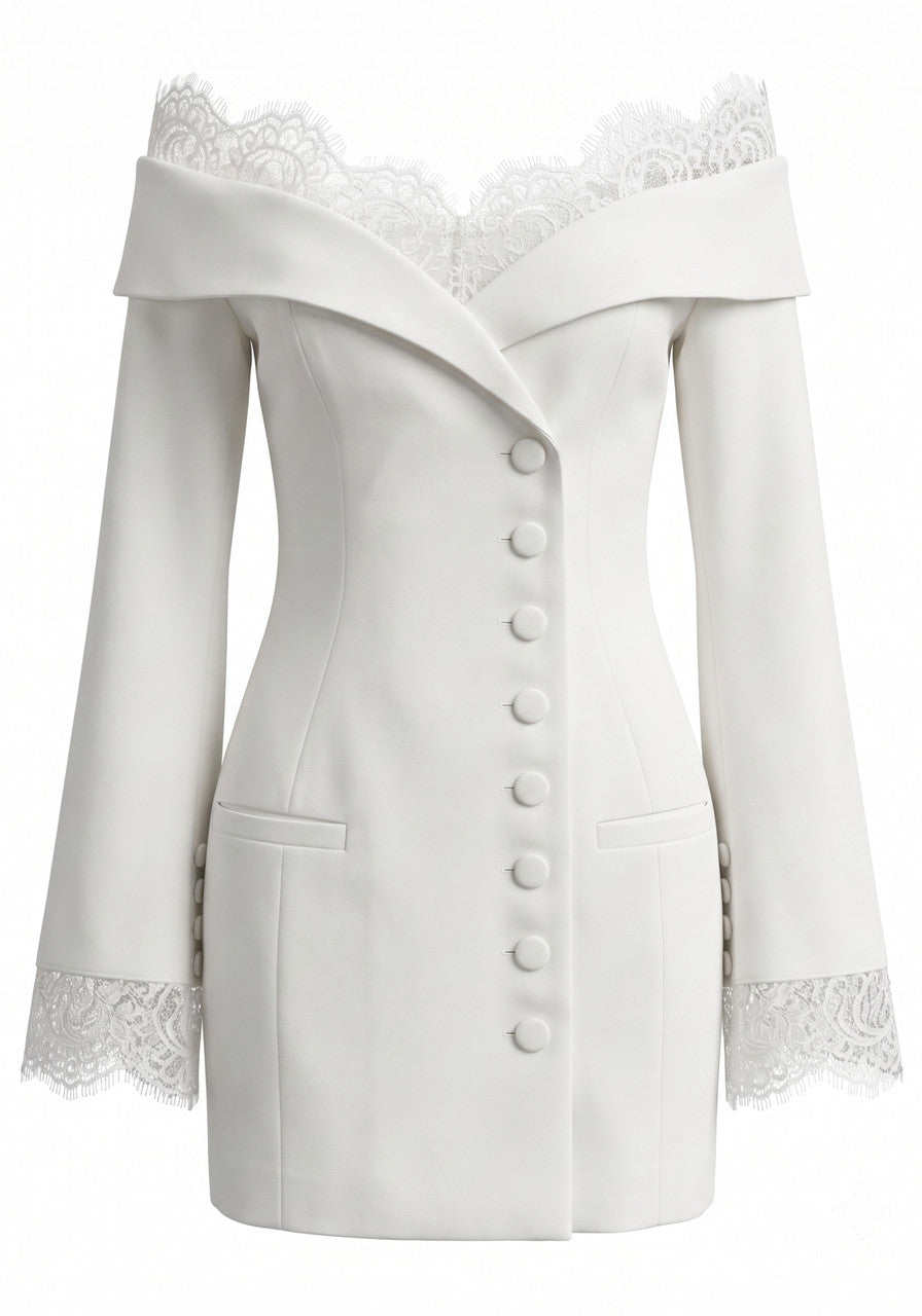 Long Sleeve Lace Bardot Blazer Dress White