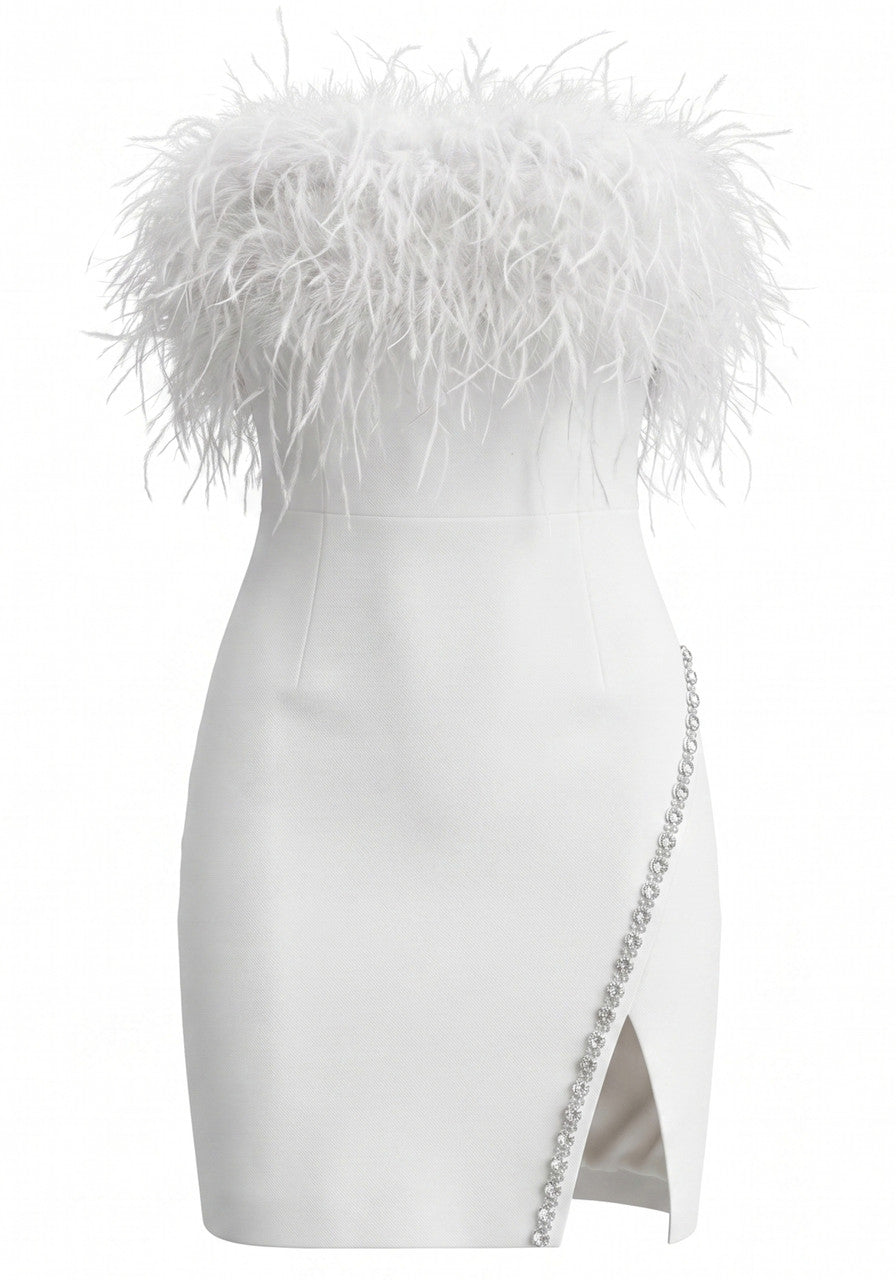 Strapless Feather Crystal Dress White