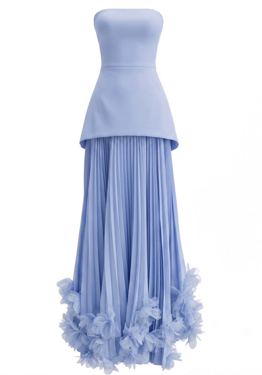 Strapless Pleated Petal Maxi Dress Blue