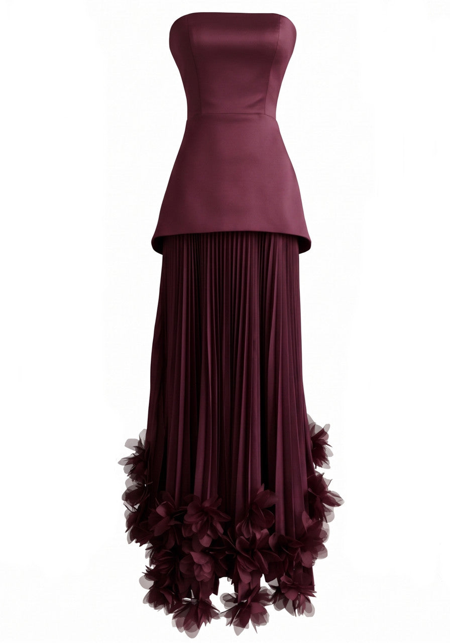 Strapless Pleated Petal Maxi Dress Burgundy