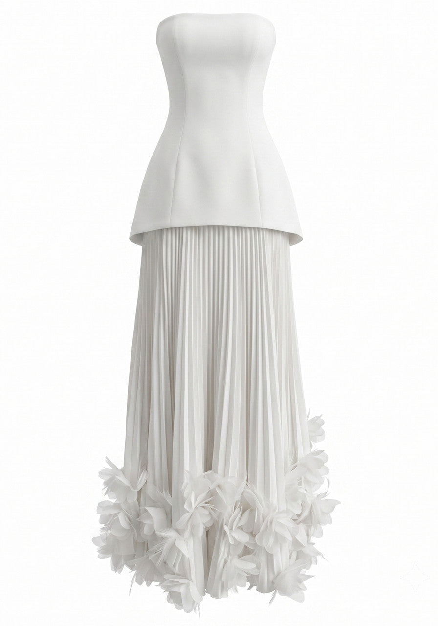 Strapless Pleated Petal Maxi Dress White